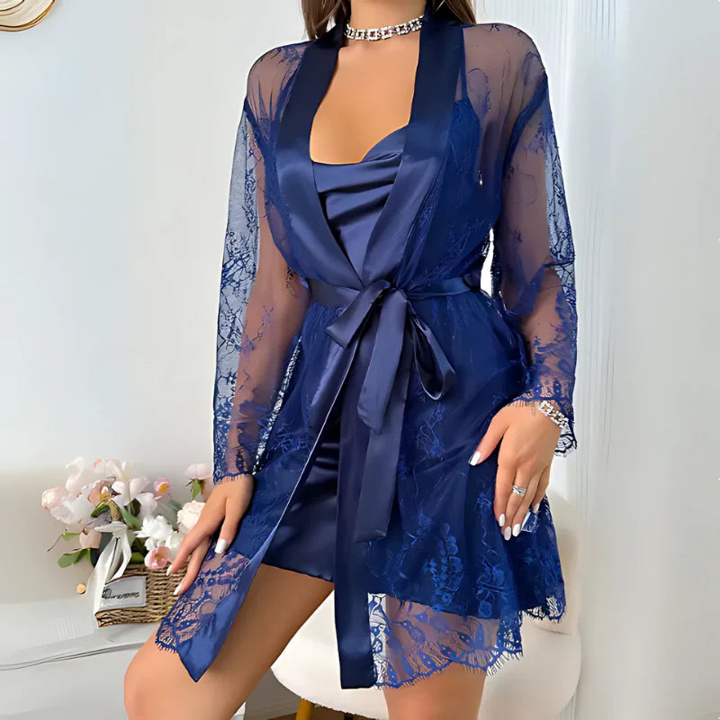 Silk Nightgown Laced Robe Duo