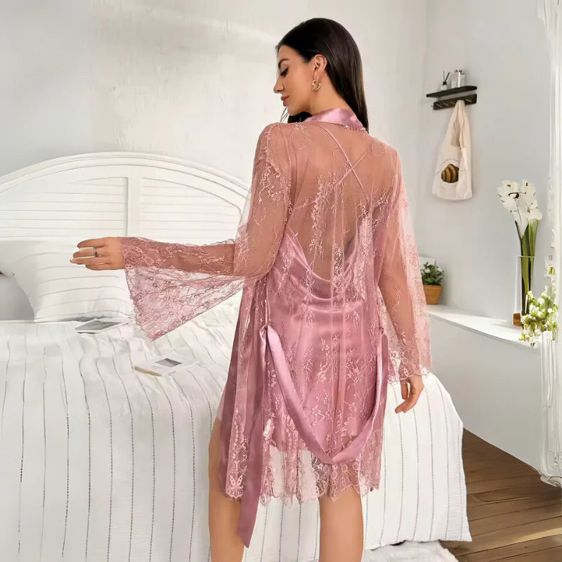 Silk Nightgown Laced Robe Duo