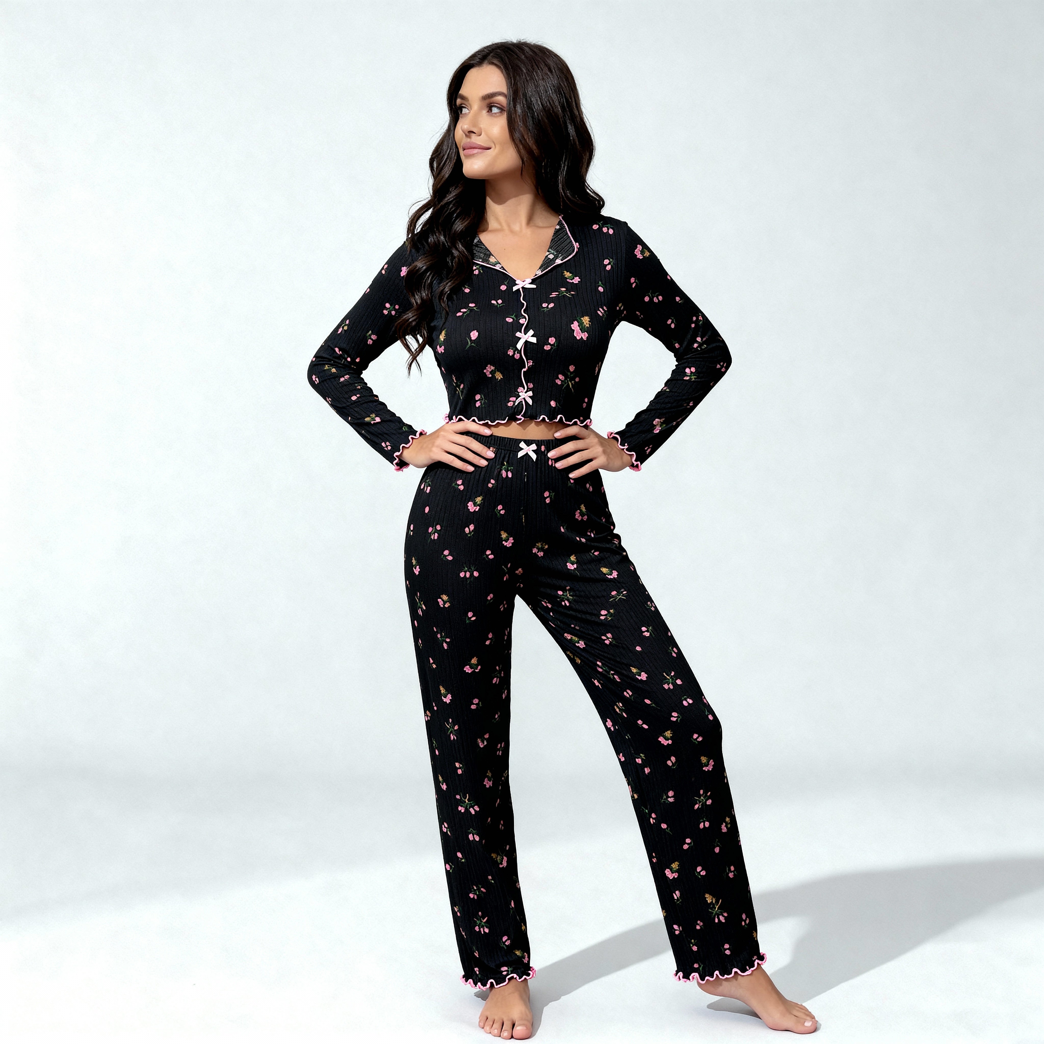Y2K Floral Ribbed Pajama Set
