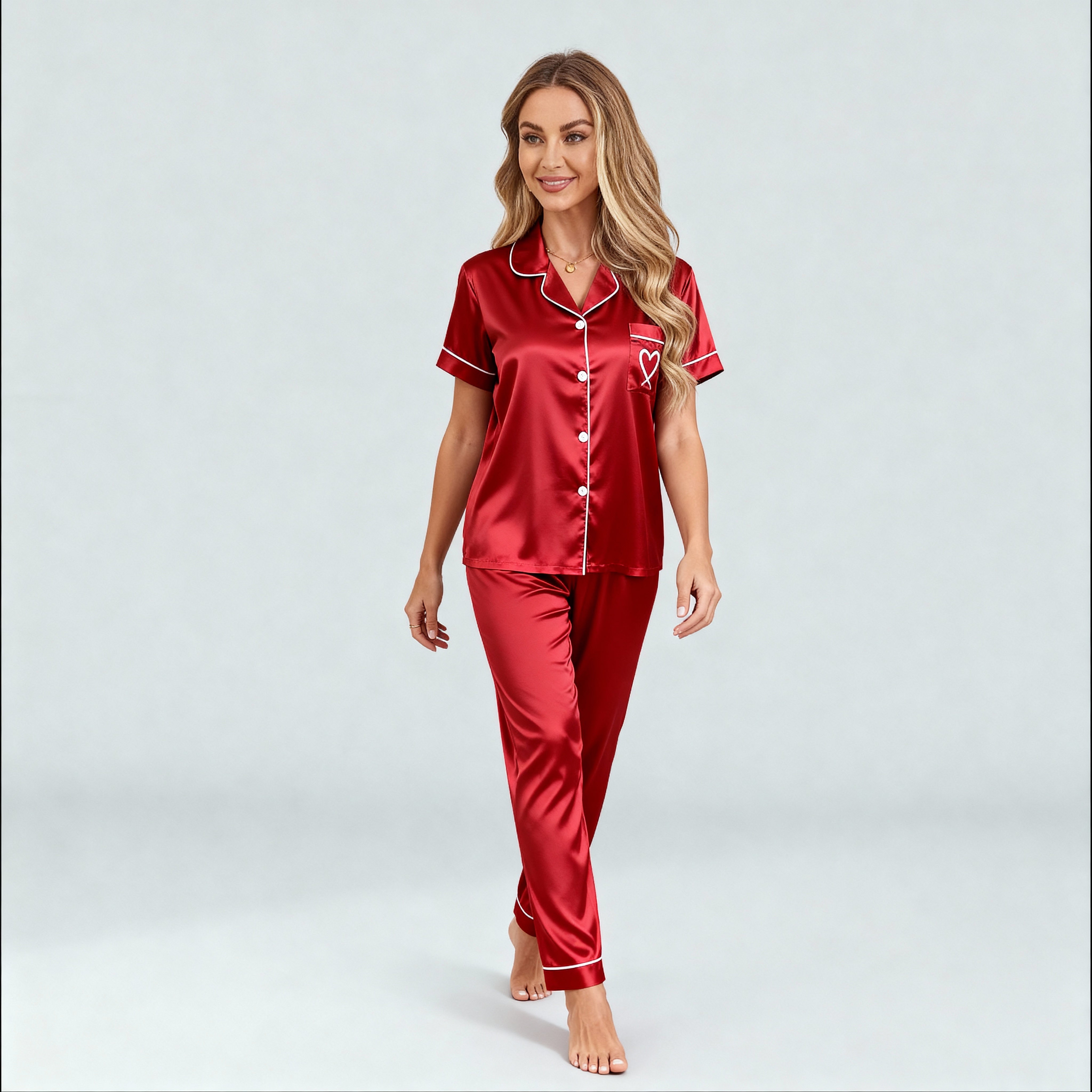 Heart Embroidery Silk Pajama Set